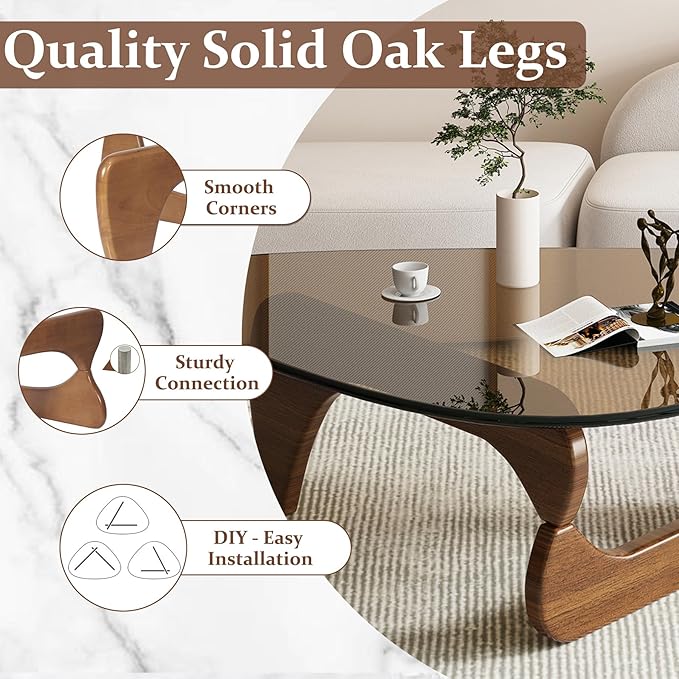 Glass Coffee Table, Triangle Coffee Table for Small Space, 35.8" Mid Century Modern Center Tables w/Tempered Glass Tabletop & Solid Legs, for Living Room Home Office, Unique