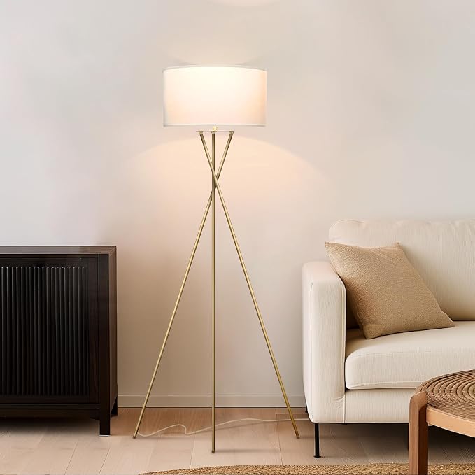 Brightech Jaxon LED Floor lamp, Modern Lamp for Living Rooms & Offices, Tall Lamp with Contemporary Drum Shade, Gold Tripod Standing Lamp for Bedroom Reading, Great Living Room Decor - Brass