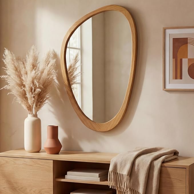 PERFNIQUE Irregular Wall Mirror, 30"x19" Solid Wood Frame Asymmetrical Mirrors for Mid Century Modern Decor, Tempered Glass Decorative Mirrors for Entryway, Bathroom, Bedroom, Living Room