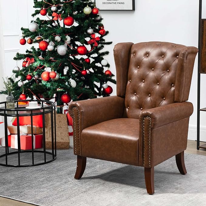 MOJAY Mid-Century PU Leather Accent Chair, Living Room Lounge Sofa Chair with Buttons, Single Club Armchair with Rivet Trim for Bedroom Home Reception (Brown)