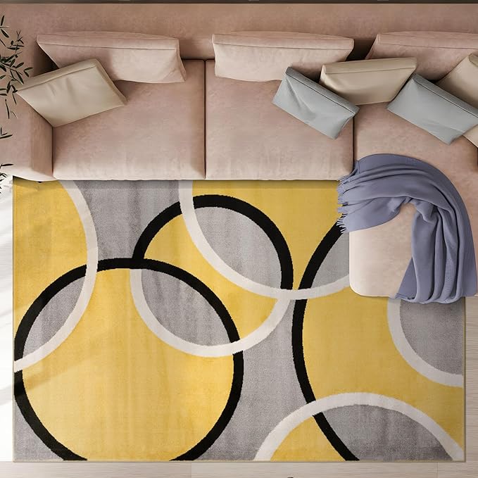 Rugshop Contemporary Abstract Circles Area Rug, Fade-Resistant Carpet for Living Room, Large Bedroom, or Dining Room, Yellow, 10' x 14'