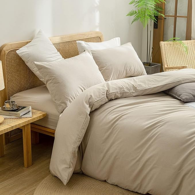 BESTOUCH Duvet Cover Set 100% Washed Cotton Linen Feel Super Soft Comfortable Chic Lightweight 3 PCs Home Bedding Set Solid Almond Milk Grey Alaska King