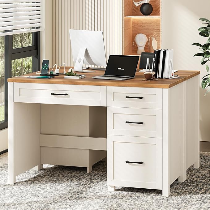 Vabches Farmhouse 47" Executive Desk, Computer Desk with File Drawer and Charging Station, Workstation for Home Office & Study.Unique White