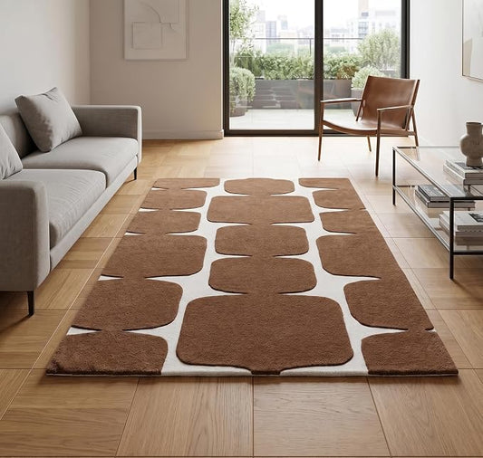 Restoration and Renovation Modern Wool Area Rug - Contemporary Abstract Geometric Design, Thick & Soft Hand-Tufted Carpet - Ideal for Indoor Decor in Living Room, Bedroom (Brown, 6' x 9')