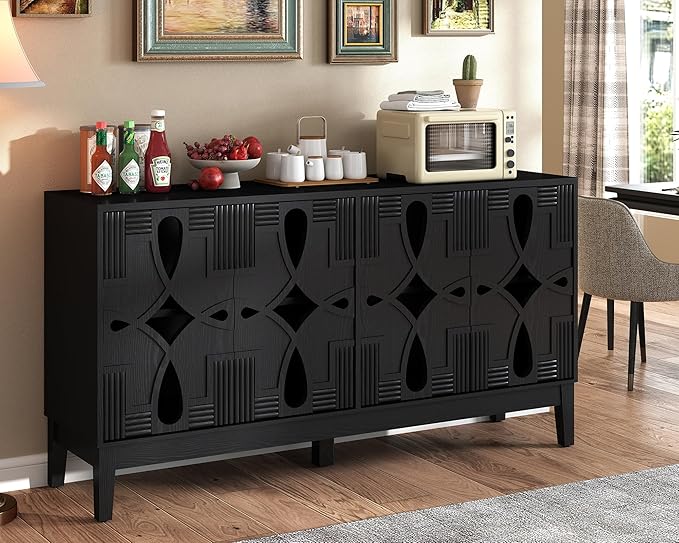 LKTART Black Sideboard Buffet with Hollow Carved Doors and Outlet Holes,Accent Cabinet,Credenzas Storage Cabinet for Living,Kitchen