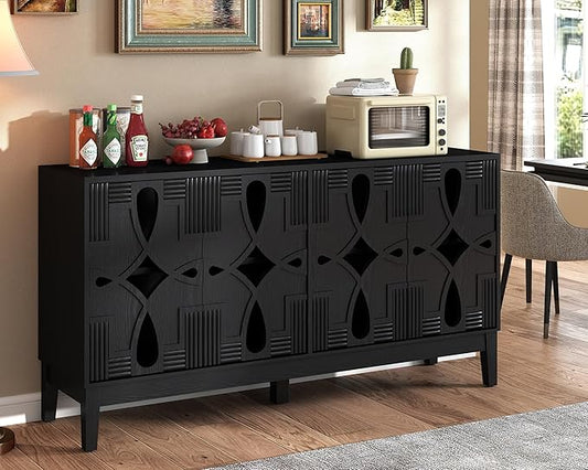 LKTART Black Sideboard Buffet with Hollow Carved Doors and Outlet Holes,Accent Cabinet,Credenzas Storage Cabinet for Living,Kitchen