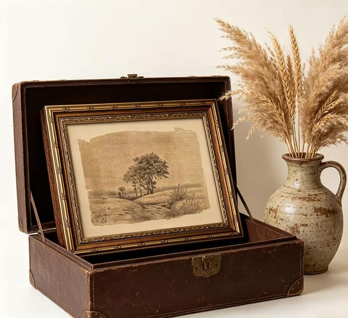 Vintage Gold Framed Sepia Country Landscape Sketch Wall Art, Rustic Tree Grove Canvas Prints, Antique Rural Path Drawing Poster Artwork for Modern Farmhouse Living Room Office Wall Decor，12x16in