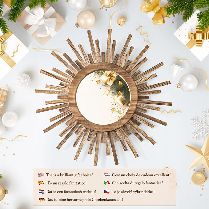24 Inch Boho Sunburst Mirror, Round Wooden Wall Decor Starburst Sun Mirror for Bedroom, Living Room, Bathroom, Hallway, Balcony, Farmhouse Entryway, Housewarming Gift（Rustic Brown