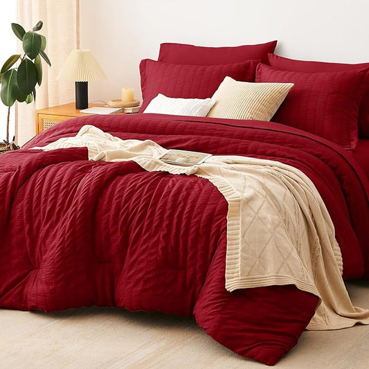 CozyLux Full Size Comforter Sets Dark Red, 7 Pieces Seersucker Textured Luxury Bed in a Bag, All Seasons Soft Bedding Sets with Down Alternative Comforter, Sheets, Pillowcases & Shams, Home Gift