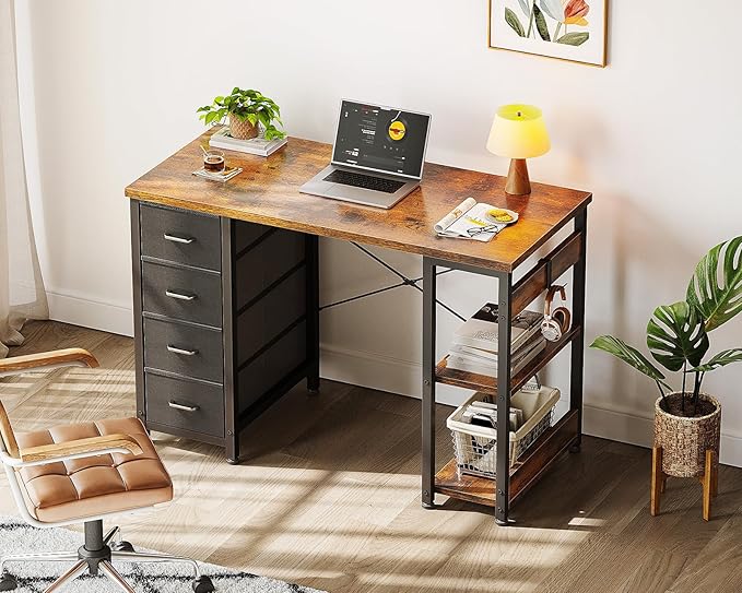 ODK 40 Inch Small Computer Desk with 4 Fabric Drawers, Modern Writing PC Desk for Small Spaces, Study & Home Office Desk with Storage Shelves, Vintage