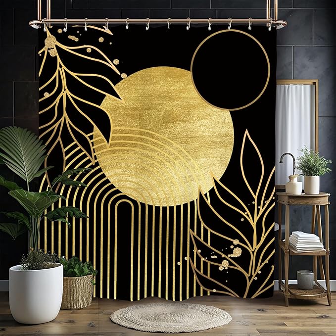 Miyotaa Abstract Black Gold Shower Curtain Set 60Wx71H Inches Minimalist Aesthetic Modern Contemporary Plant Leaves Neutral Polyester Waterproof Cloth Bathroom Curtain with 12 Hooks