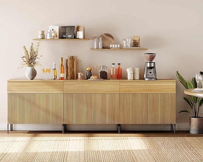 WAMPAT 94.5" W Large Sideboard Buffet Cabinet with Storage,3 in 1 Fluted Sideboard Buffet with 6 Doors, Wooden Buffet Table, Coffee Bar Wine Bar Cabinet for Kitchen, Dining Room, Living Room, Oak