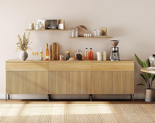 WAMPAT 94.5" W Large Sideboard Buffet Cabinet with Storage,3 in 1 Fluted Sideboard Buffet with 6 Doors, Wooden Buffet Table, Coffee Bar Wine Bar Cabinet for Kitchen, Dining Room, Living Room, Oak