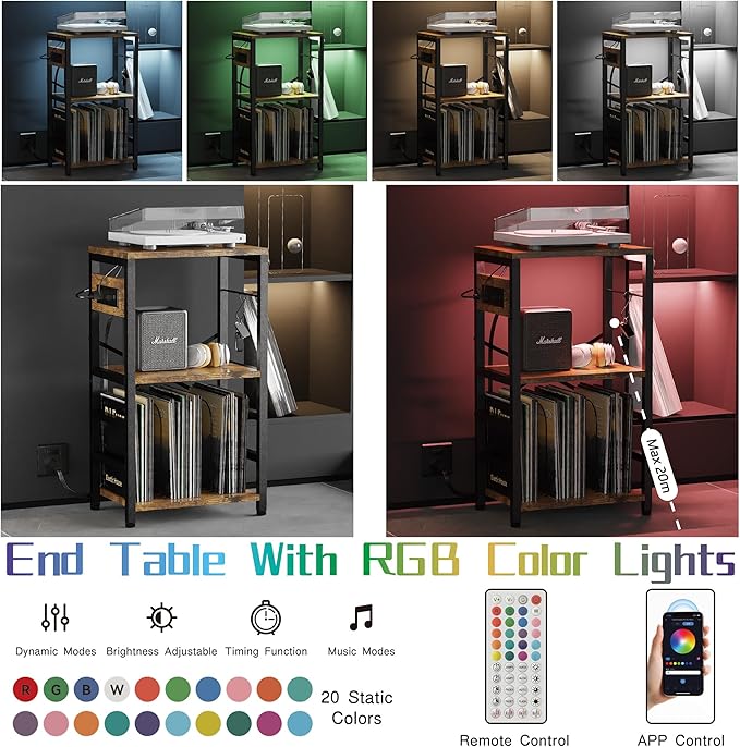 YAKANJ End Table with LED Light,Record Player Stand with Charging Station,Vinyl Records Storage,Turntable Stand Albums Storage for Music Room Studio-Modern Brown