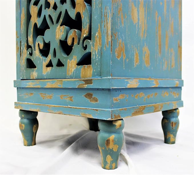eHemco Distressed Blue Accent End Table with Pierced Floral Fretwork Door – Vintage Rustic Wood Storage Side Table for Living Room