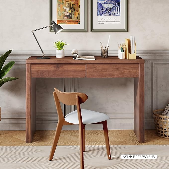 43 Inch Small Computer Desk with 2 Drawers, Mid Century Modern Writing Study Table for Home Office, Vintage PC Work Desk with Storage for Bedroom Small Spaces, Easy Assembly, MDF - Walnut