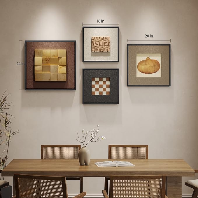 Framed 3D Wood Wall Art Decor for Living Room, 4 Piece Modern Minimalist Geometric Textured Artwork for Walls, Black and Brown Sandstone Paintings Wall Decor for Dining Room, Hallway, Bedroom