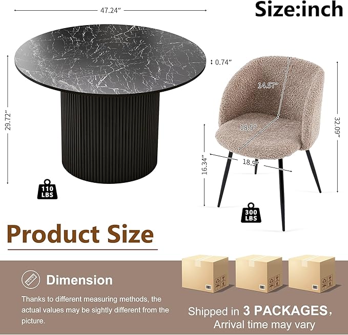 Farmhouse Black Dining Table Set for 4,Rustic Round Kitchen Table Set with Brown Upholstered Sherpa Dining Chairs, Modern Kitchen Table and Chairs Set for Living Room, Dining Hall,Restaurant