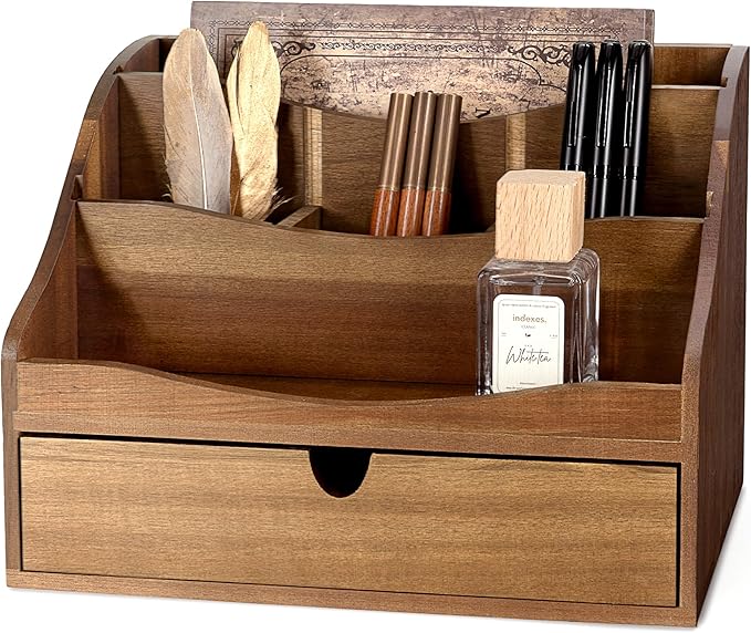 Rebee Vision Acacia Wood Mail Organizer for Desk - Farmhouse Countertop Mail Holder with Dividers - 4-Slot Letter Sorter for Office Accessories - Desktop Organizer for Home Decor (Acacia Wood)