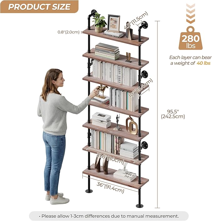 7 Tier Industrial Wall Mounted Ladder Shelf Bookcase, Rustic Wood Metal Pipe Industrial Shelves for Living Room Decor and Storage (Weathered Brown, 7 Tier - 10" D x 36" W x 95.5" H)