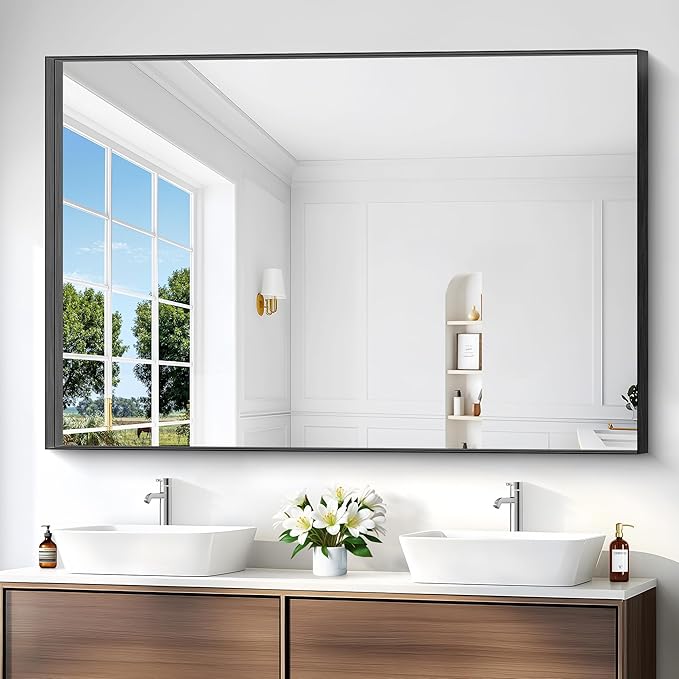 Black Bathroom Mirror, 42x42 Inch Rectangular Framed Mirror, Large Wall Mounted Bathroom Vanity Mirror Over Sink for Bedroom,Restroom, Living Room, Hangs Vertically or Horizontally