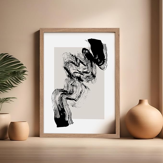 Poster Master Brush Waves Poster - Black Brush Wave Stroke Print - Abstract Design - Drawing Artwork - Mid Century Modern Art - Minimal Design - Living Room or Bedroom Wall Decor - 16x20 Beige Framed