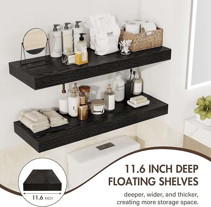 36 Inch Floating Shelves, 12" Deep Floating Shelf Wall Mounted, 36" Wall Shelves, Rustic Deep Bookshelf, Extra Deeper & Thicker Display Shelves for Bedroom, Living Room, Black, Set of 2