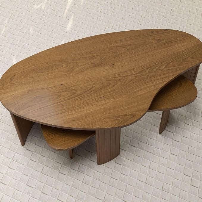 Mid Century Modern Nesting Coffee Tables Set of 2 – Walnut Ash Veneer with Fluted Solid Wood Legs, Mango-Shaped End Tables for Living Room, Farmhouse & Contemporary Style