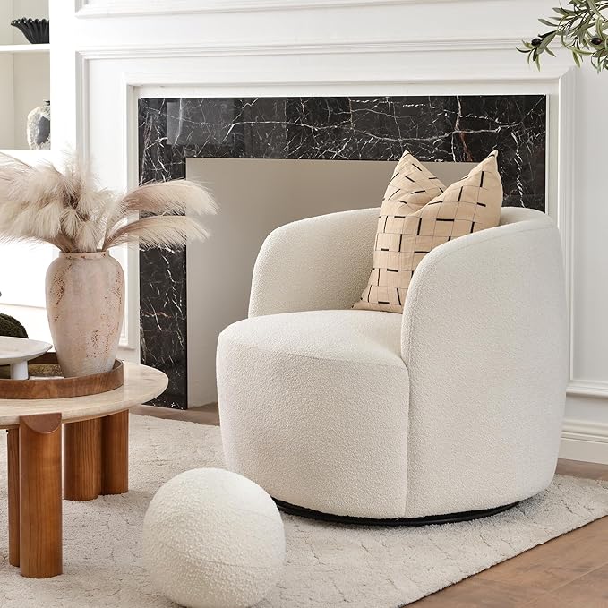 KINWELL 34" Wide Boucle Swivel Barrel Chair, No Assembly Round Upholstered Armchair Accent Chair Single Sofa Chair with Toss Pillow for Living Room and Bedroom, Beige