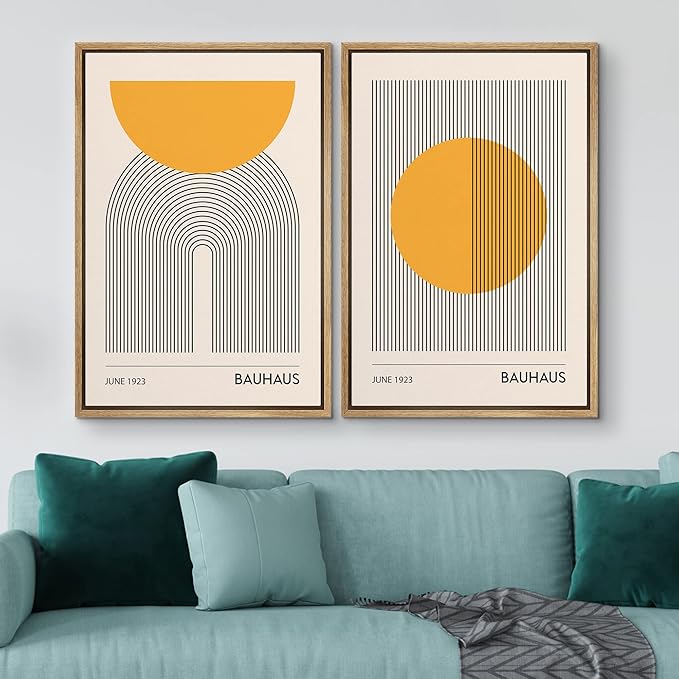 IDEA4WALL Framed Canvas Print Wall Art Set Bauhaus Geometric Solar Sun Wave Collage Abstract Shapes Illustrations Modern Art Decorative Multicolor for Living Room, Bedroom, Office - 16"x24"x2 Natural
