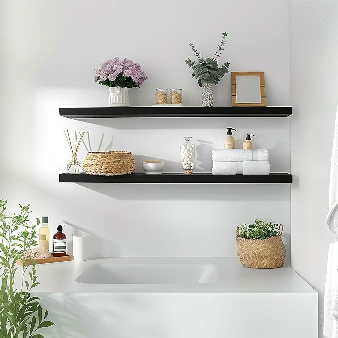 36 Inch Black Wood Floating Shelves for Wall Rustic Wall Shelf for Bedroom Living Room Set of 4