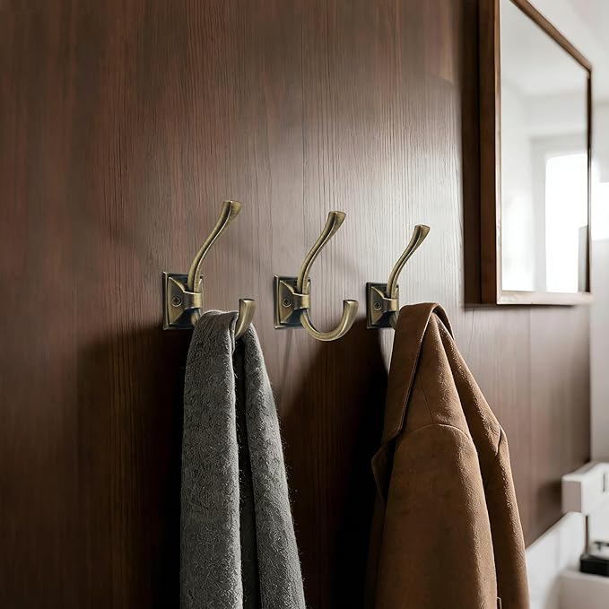 TUNNY 5 Pack Antique Design Wall Hanging Coat Hooks - Brushed Antique Brass Coat Hooks Towel Hook for Entry Shoe Cabinet, Wardrobe Bathroom Bedroom Furniture Hardware
