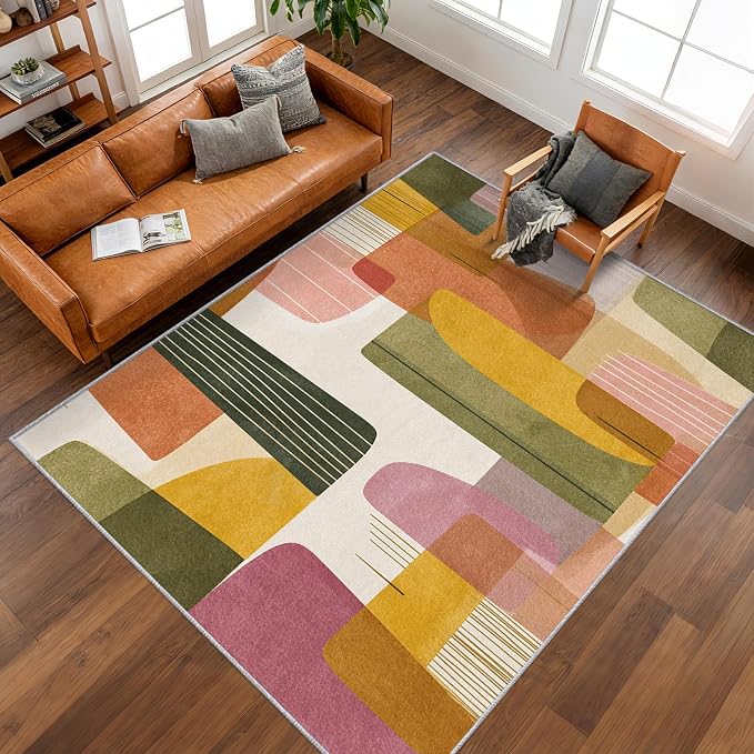 3x4 Mid Century Modern Rugs for Bedroom Decor, Washable Abstract Geometry Pattern Area Rug, Living Room Home Decoration, Non Slip Soft Thin, Boho Decor Carpet PF-P 117