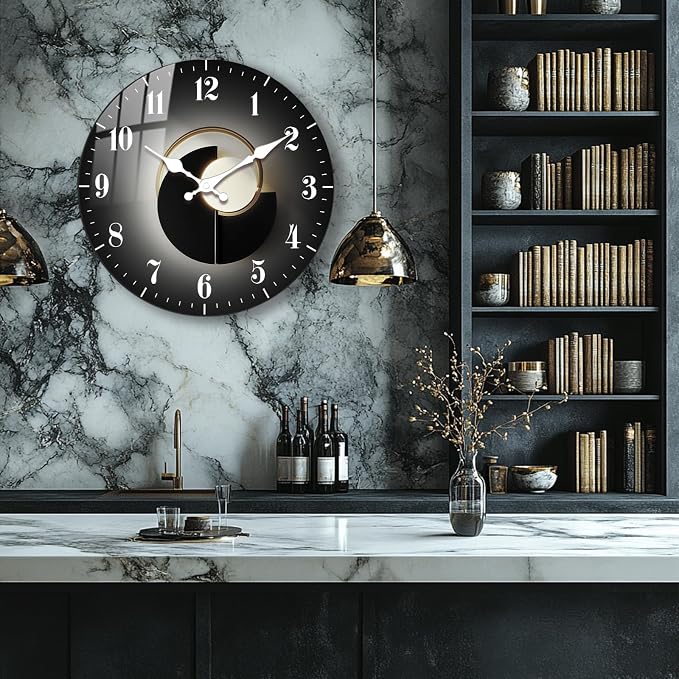 12 Inch Black Wall Clock – Minimalist Black and Gold Analog Wall Clocks, Silent Non Ticking Wall-Clock Battery Operated Decorative for Bedroom, Kitchen Décor