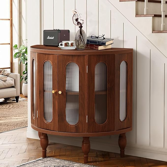 XUZENEST 31'' Sideboard Buffer Cabinet with Storage, Semi-Circle Modern Accent Storage Cabinet with Wooden Finish & Acrylic Doors, Console Table for Living Room Entryway Hallway (Walnut)