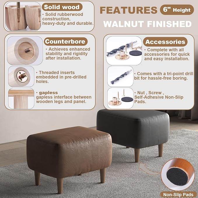 6 Inch Wood Furniture Legs Set of 4 - Heavy Duty Solid Wooden Couche Sofa Feet Replacement for Furniture,Cabinet,Ottoman,Bench,Table - Wooden Furniture Risers Foot - Walnut Finish