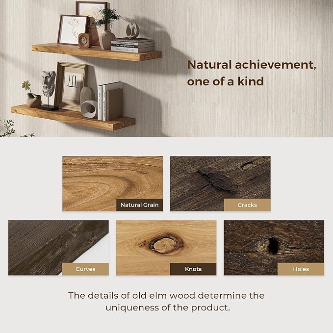 Wood Floating Shelves 36 Inch Long, Rustic Solid Elm Wood Shelves for Home Decor, 8 Inch Deep Wall Shelf with Invisible Bracket for Living Room Bathroom Bedroom Kitchen, Natural Color, Set of 2