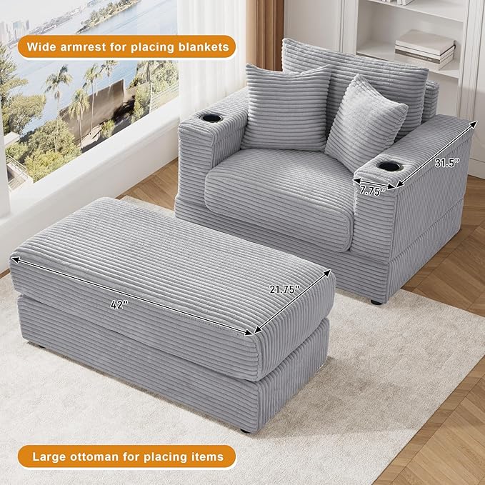Oversized Chaise Lounge Chair Indoor with USB, Cup Holder & Ottoman, Firm Solid Wood Frame with Long Service Life Corduroy Oversized Lounge Reading Chair for Study Room - Grey