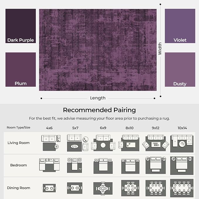 Kokia Abstract 9x12 Area Rugs Living Room Washable Low Pile Non-Slip Indoor Decor Purple Carpet Foldable Stain Resistant Ombre Rugs Bedroom Dining Room, Oslo Plum
