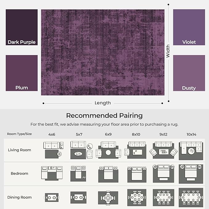 Kokia Abstract 8x10 Area Rugs Living Room Washable Low Pile Non-Slip Indoor Decor Purple Carpet Foldable Stain Resistant Ombre Rugs Bedroom Dining Room, Oslo Plum