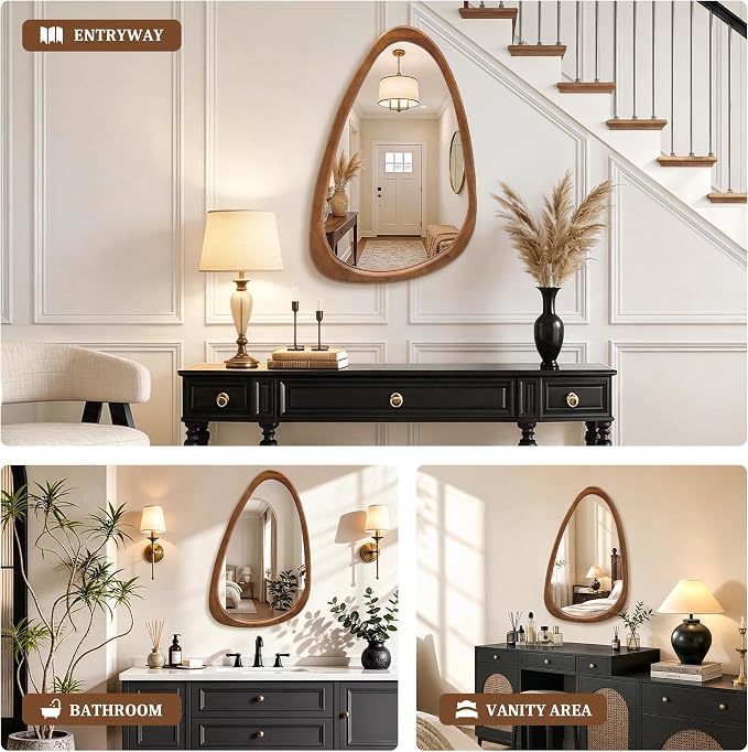 Asymmetrical Mirror, 30"x20" Unique Irregular Wall Mirror, Wood Mid Century Modern Mirror Decor for Bathroom Bedroom Living Room Entryway Hallway (Natural Wood)
