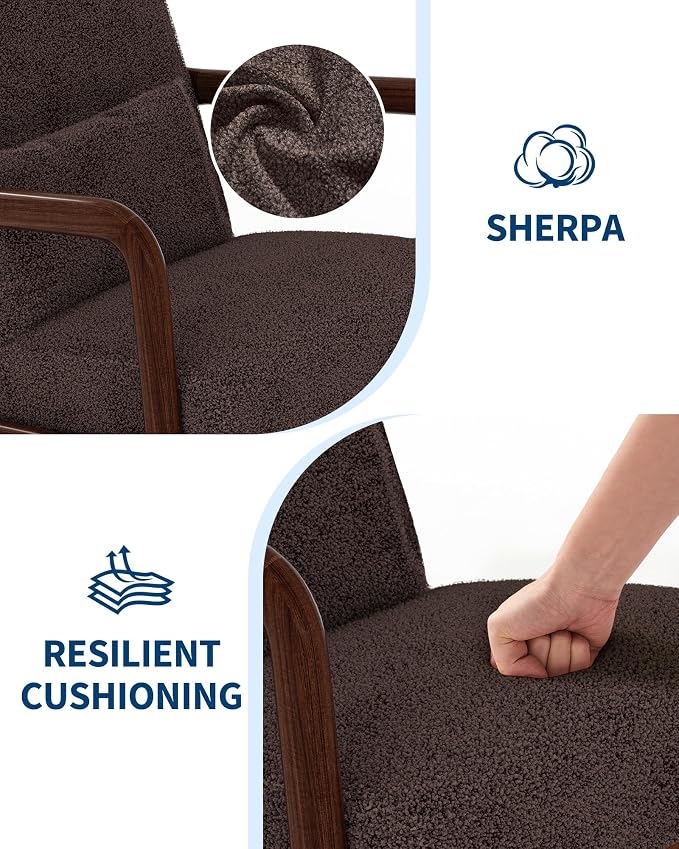 Garvee Mid-Century Accent Chair Set of 2, Sherpa Upholstery, Cozy Reading Chair, Modern Lounge Armchair with Lumbar Pillow, Sturdy Wood Frame, for Living Room, Bedroom, Office, Brown