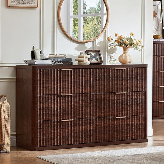 LEYAOYAO Fluted 6 Drawers Dresser for Bedroom, 48" Wide Modern Chest of Drawers with Metal Handle, Walnut Curved Profile Farmhouse Closet Organizer Wood Dressers TV Stand for Living Room, Hallway