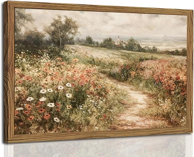 Vintage Floral Wall Art Nature Country Wildflower Wall Decor Painting Modern Botanical Flower Farmhouse Landscape Artwork 3D Textured Sandstone for Living Room Bedroom 16x24 inch Wood Framed