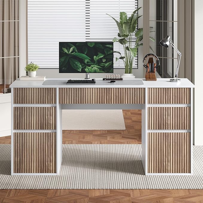 4 EVER WINNER 58 Inch White Desk with Drawers, Home Office Desks with 7 Storage Drawers, Executive Desk with File Cabinet for Bedroom Study Work Table Writing, White and Walnut