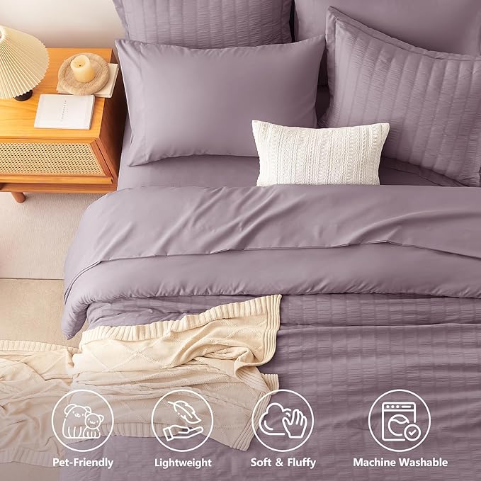 CozyLux King Size Comforter Set Dusty Purple, 7 Pieces Seersucker Textured Bed in a Bag Grayish Purple, All Seasons Bedding Set with Down Alternative Comforter, Sheets, Pillowcases & Shams, Home Gift