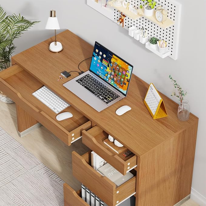 MaverickFurni 52 Inch Desk with 4 Drawers, Small Computer Desk for Small Space, Home Office Desk with Storage File Drawer for Bedroom, Brown