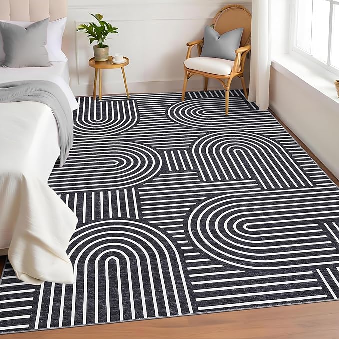 Washable Rug 5x7 Area Rugs for Living Room, Abstract Rug for Bedroom, Soft Rainbow Non Slip Throw Rugs with Rubber Back, Low Pile Stain Resistant Boho Geometric Carpet for Dining Room, Black