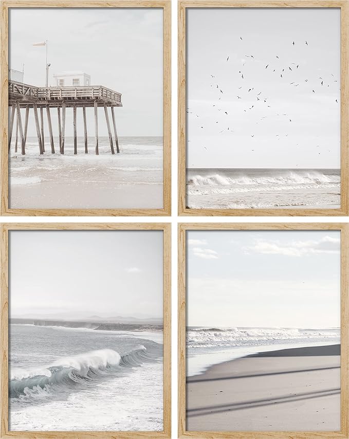 SIGNWIN Framed White Minimalist California Ocean Beach Seashore Pier Wall Art, Set of 4 Landscape Colorful Wall Decor Prints, Nature Wilderness Wall Décor for Living Room, Bedroom - 11"x14" Natural