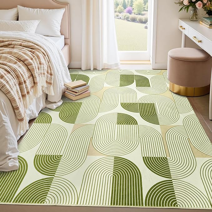 Rugs for Living Room, Soft Green Area Rug for Bedroom 5x7, Washable Mid Century Modern Rug, Non Slip Indoor Floor Boho Low Pile Abstract Carpet for Dining Room Nursery Office Home